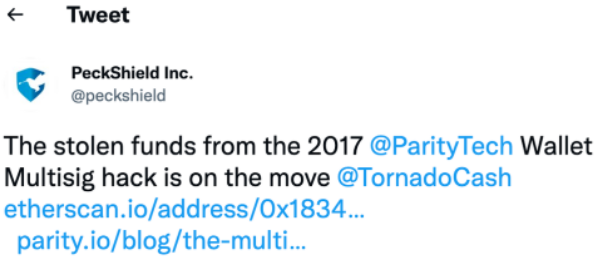 派盾：Parity 2017年被盗资金发生异动，9300枚ETH被转入Tornado Cash
