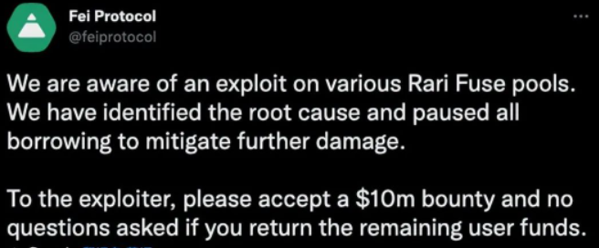 Rari Protocol被漏洞攻击损失八千万美元后，悬赏一千万美元，希望攻击者归还盗走的钱