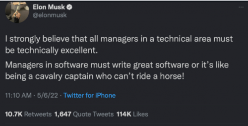 马斯克的新推文【译】： 我坚信，技术领域的所有管理人员必须在技术上非常出色
