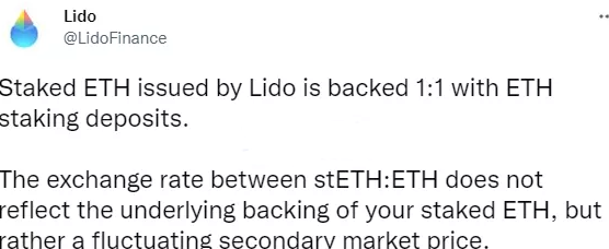 Lido回应stETH脱锚现象：兑换比例是二级市场价格反映，stETH仍与ETH1：1锚定