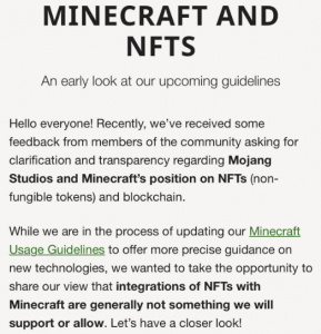 MineCraft禁止在游戏中使用NFT或者区块链技术