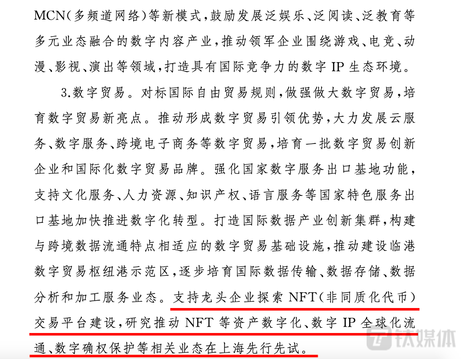 上海市将支持龙头企业发展NFT写入政府工作报告。截图来自：《上海市数字经济发展“十四五”规划》